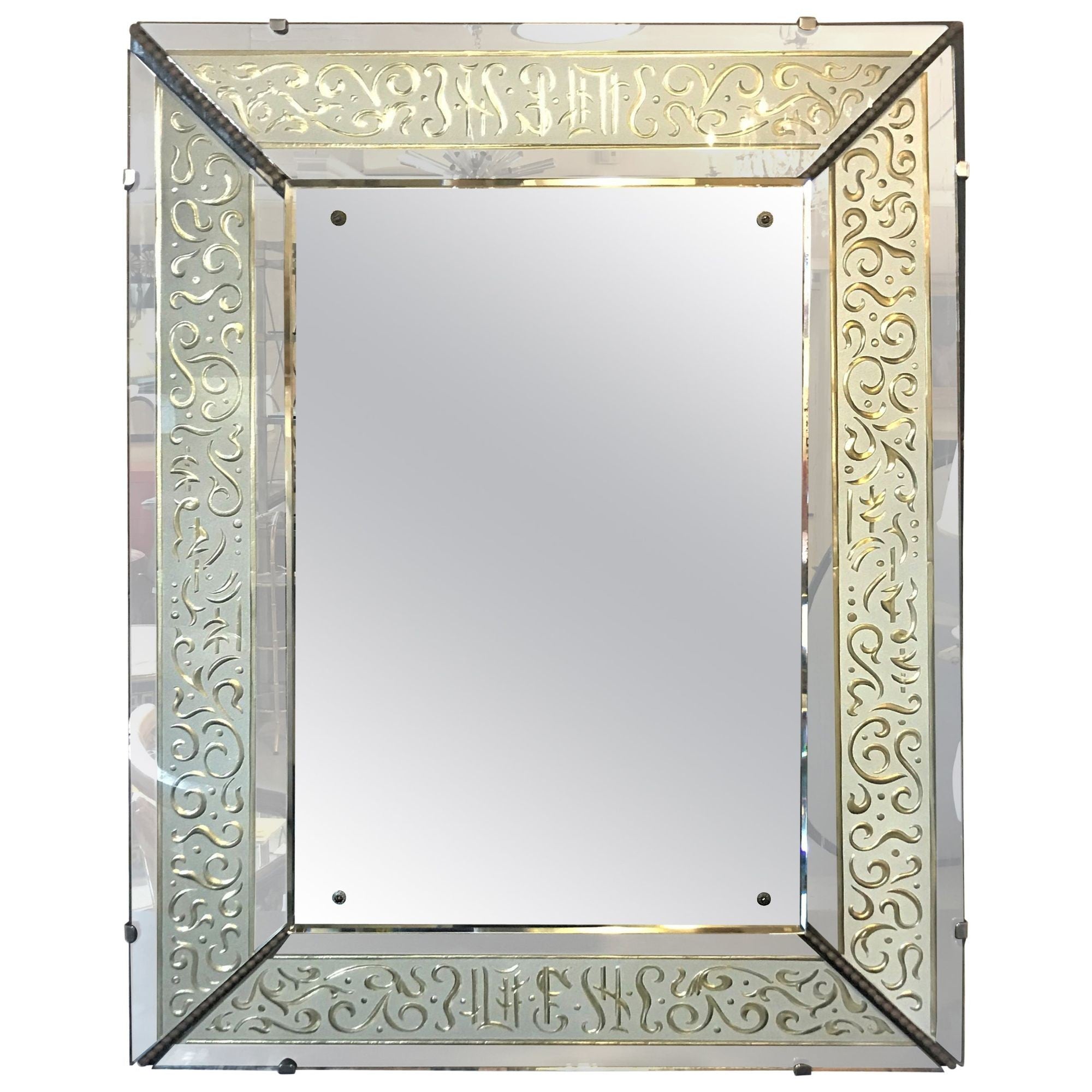 Hollywood Regency Etched Frosted Glass Framed Bevelled Wall or Console Mirror