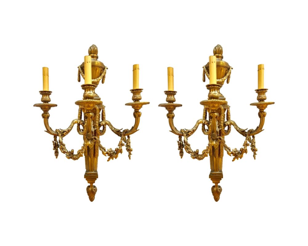 Pair of French Louis XVI Style Dore Bronze Sconces with Foundry Name