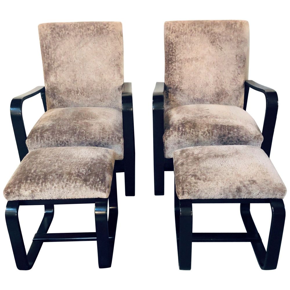Rare Art Deco Pair of Giuseppi Pagano Pogatschnig Bentwood Armchairs & Ottomans