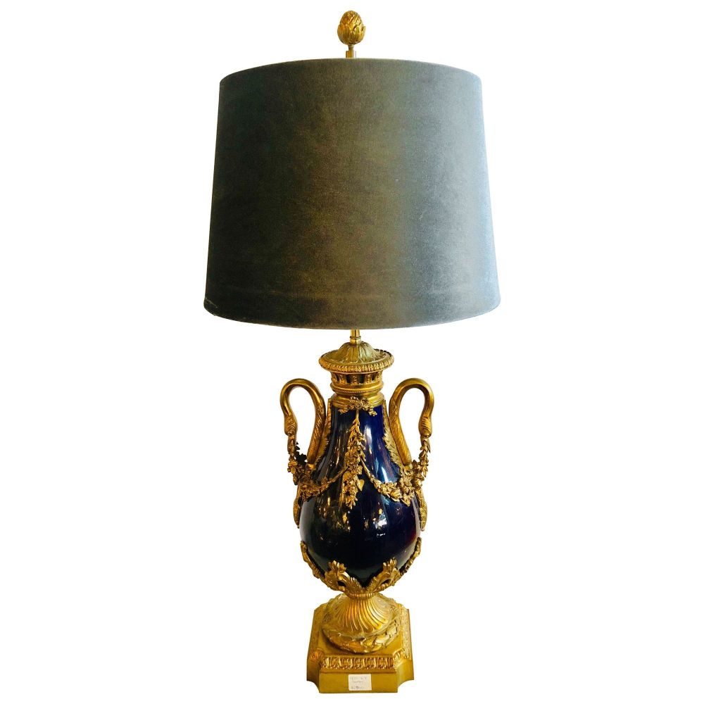 Sevres Style Cobalt Blue Porcelain & Bronze Swan Handle Urn Mounted as a Lamp