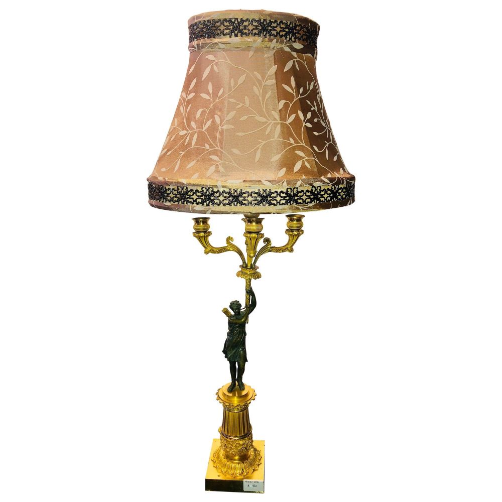 Empire Doré Bronze Candelabra Lamp Having a Patinated Woman Mounted as a Lamp