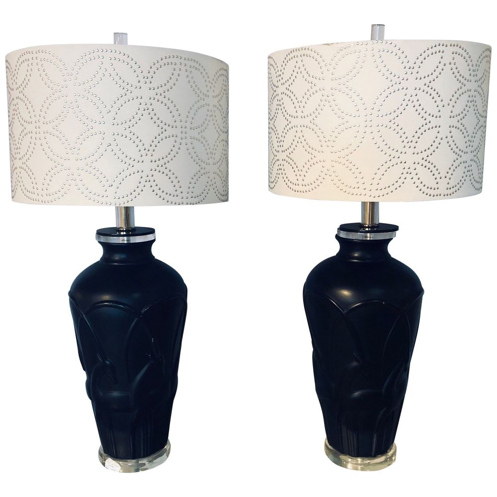 Pair of Art Deco Style Modern Black Table Lamps Lucite Base and Antelopes