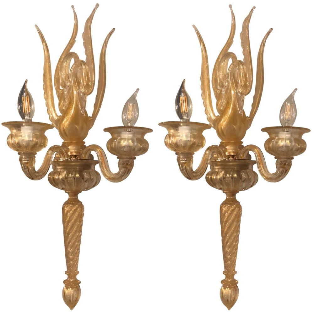Archimede Seguso, Barovier & Toso, Italian Mid-Century Modern, Swan Sconces