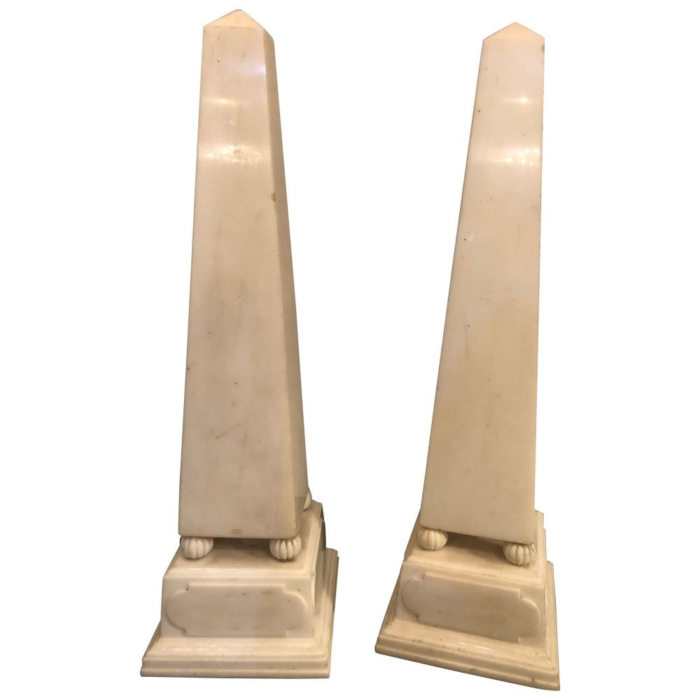 Pair of Large Antique 19th-20th Century Solid Marble Obelisks on Pedestals