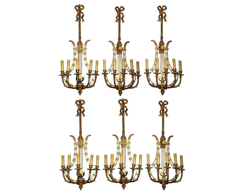 Louis XVI Style Harp / Lyre Back Bronze Wall Sconce. Set of Six