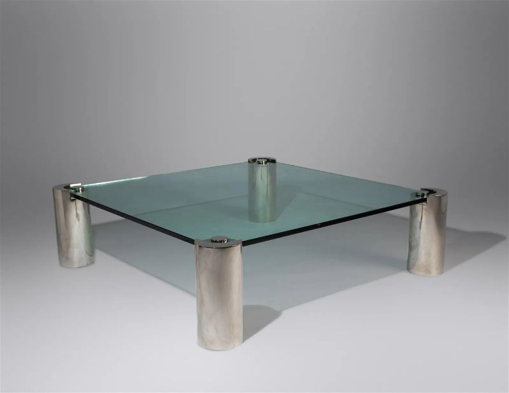 Mid-Century Modern Karl Springer Signed Chrome Coffee, Cocktail Table, Glass Top
