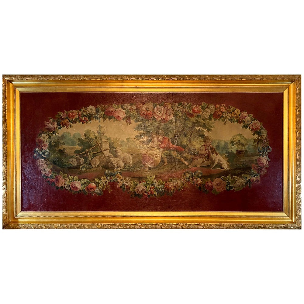 A monumental French oil on canvas 19th-20th century lovers in the field.