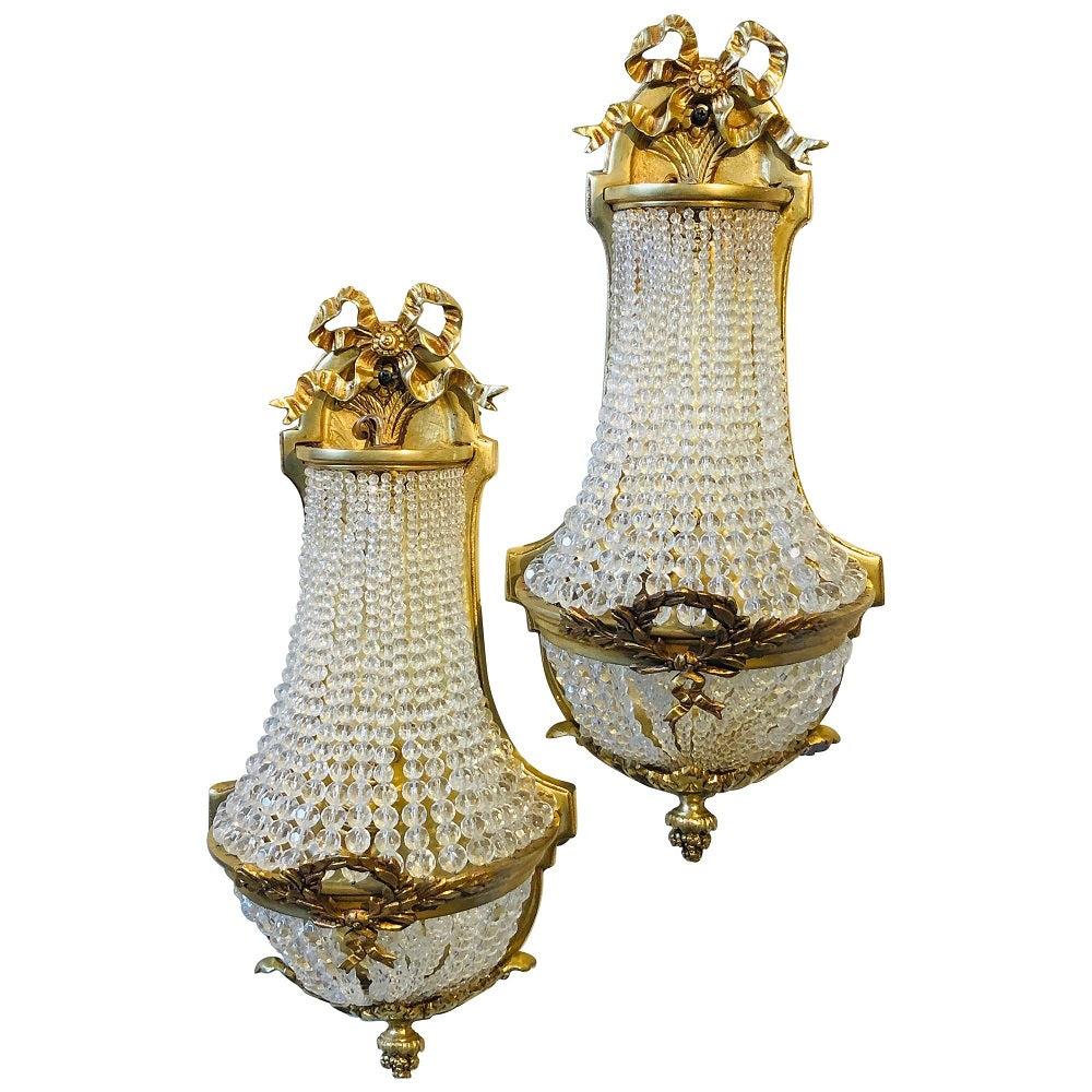 Pair of Louis XVI Style Bronze and Crystal Beaded Diminutive Wall Sconce