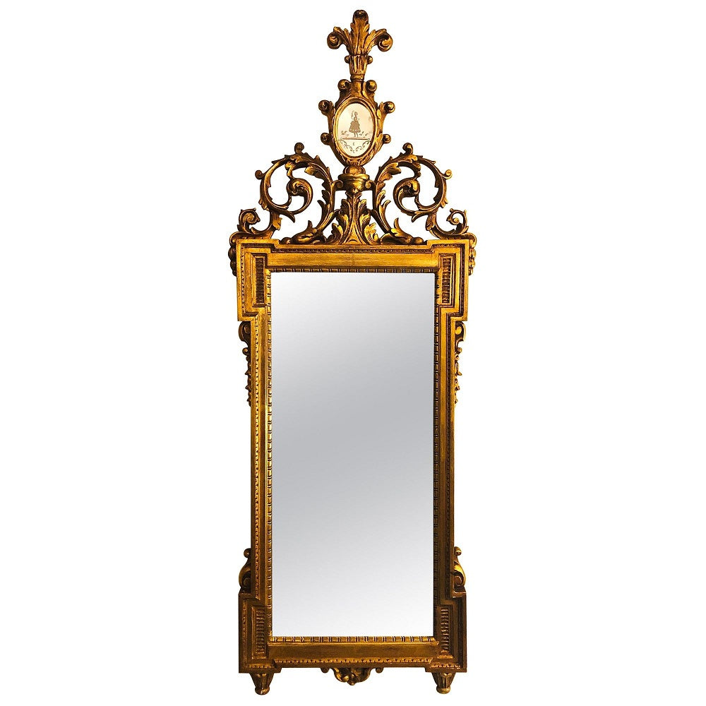 Gilt Carved Wall, Console or Table Mirror with High Open Fleur-de-Lis Pediment