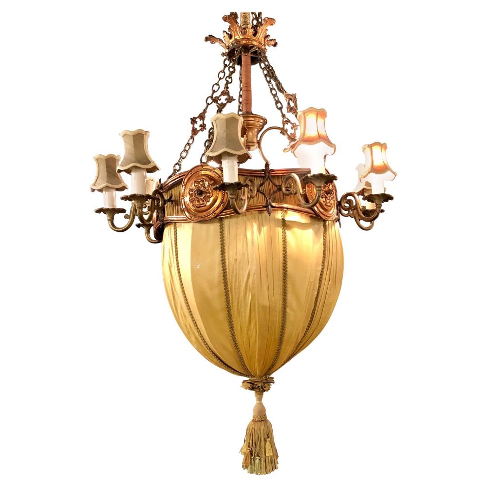 Palatial Light Fixture in Copper, Brass and Iron with Silk Dome Shade