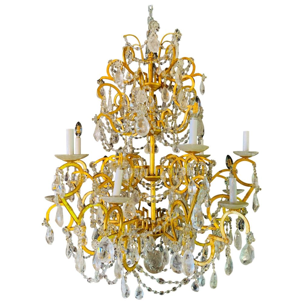12 Light Gilt Metal Rock Crystal Chandelier. Hollywood Regency in Style