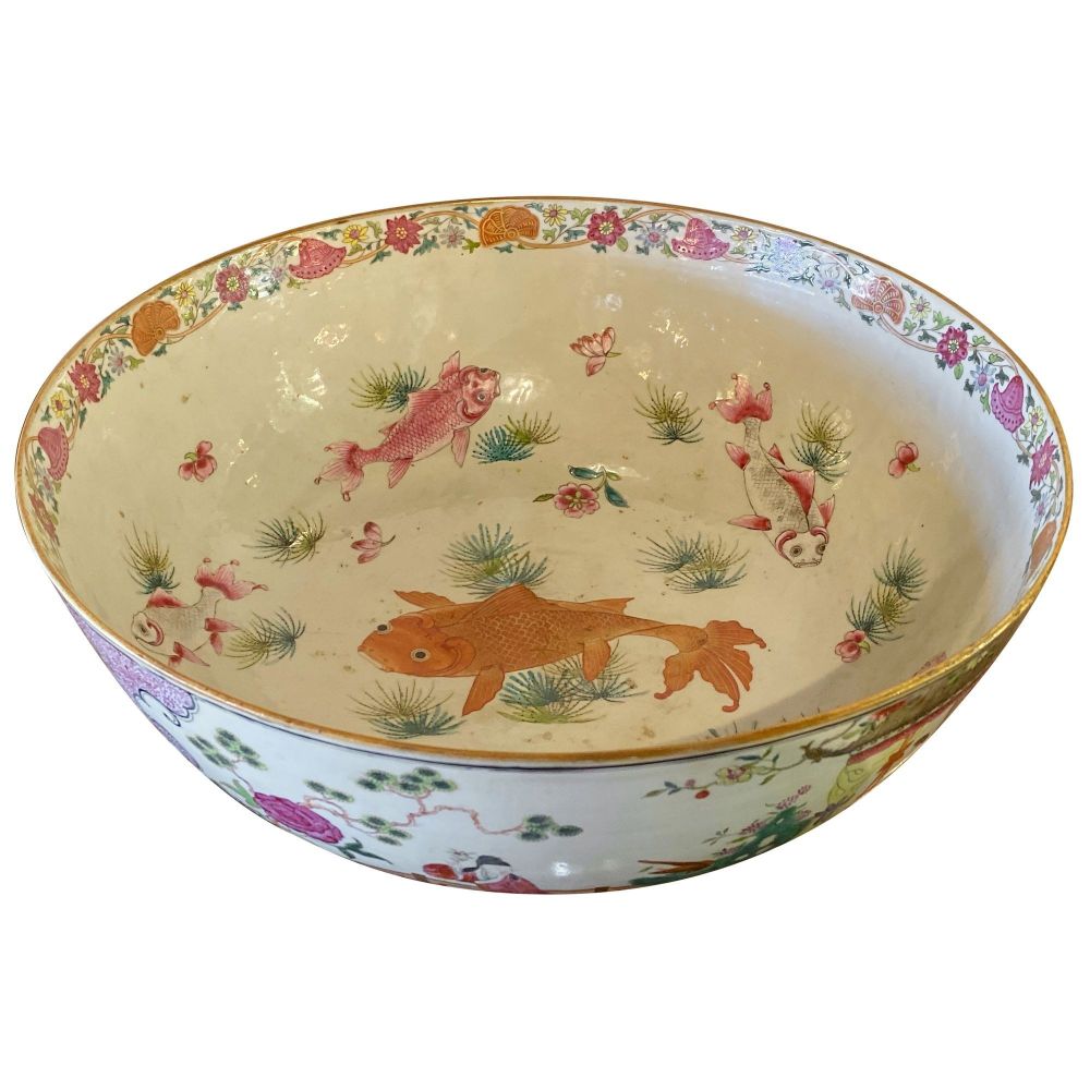 19th Century Famille Rose Chinese Export Punch Bowl, Koi Decorated
