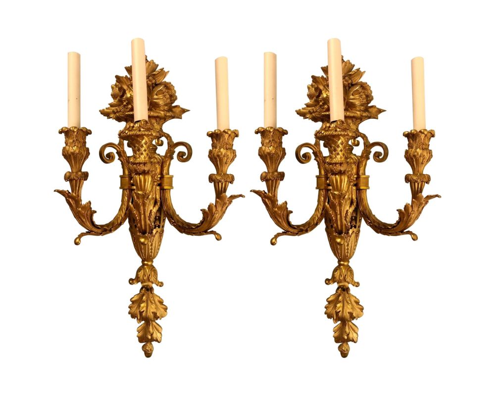 Pair of Three-Arm Bronze Wall Sconces French Louis XVI Style Bronze Dore