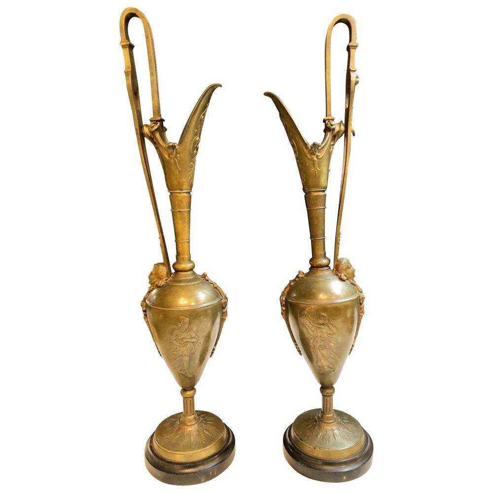Pair of Classical Figural Bronze Neoclassical Ewers, 19th Century