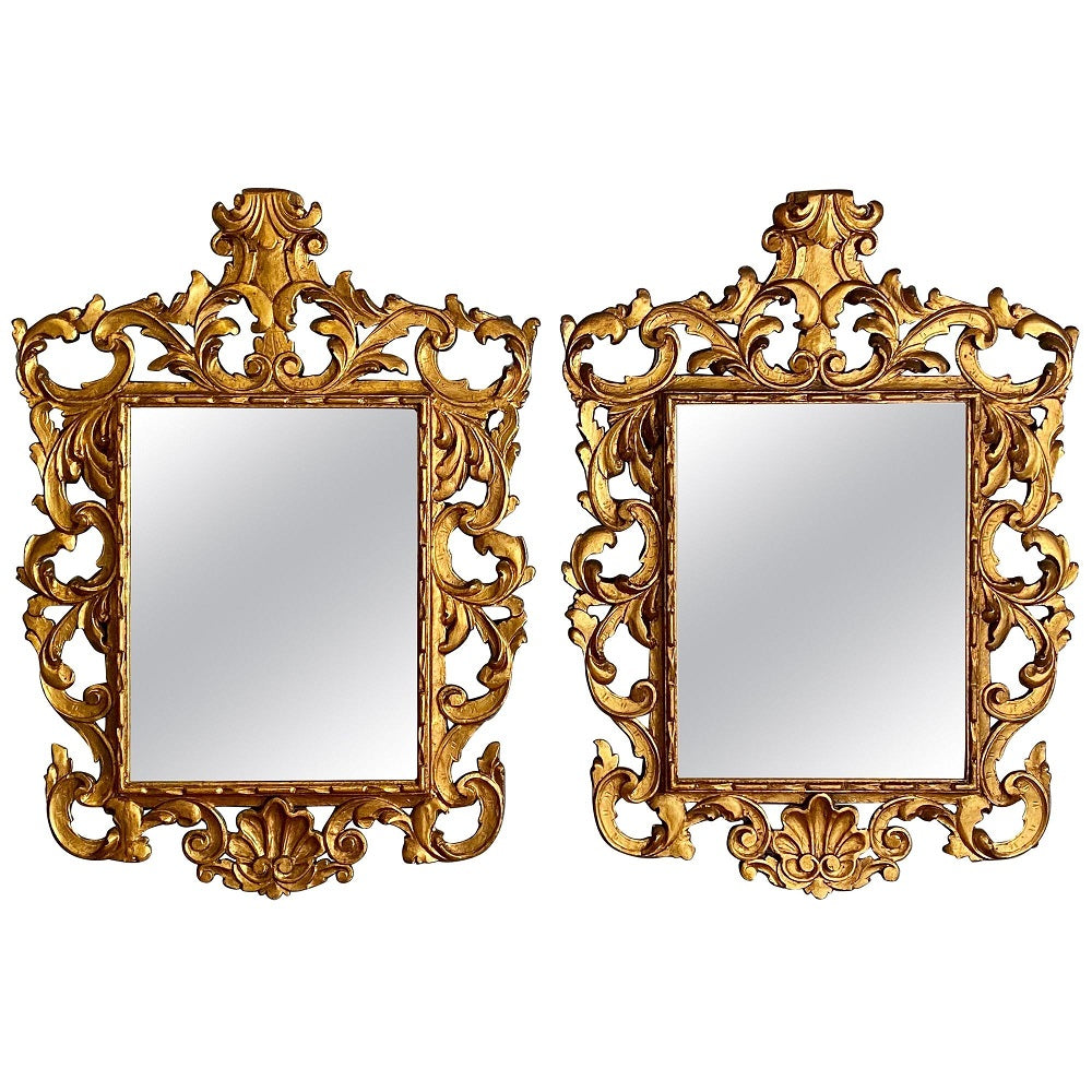 Pair of Rococo Style Frame Wall or Console Mirrors, Carved Gilded Wood Surrounds