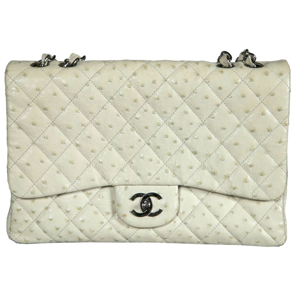 Chanel Handbag, Pocketbook, Beige Ostrich Jumbo Classic-Pristine Purse
