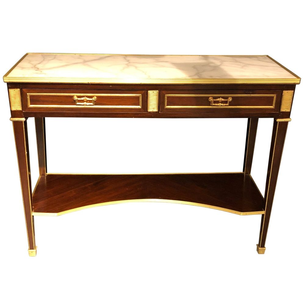 Jansen Style Two-Drawer Marble-Top Bronze Console or Serving Table