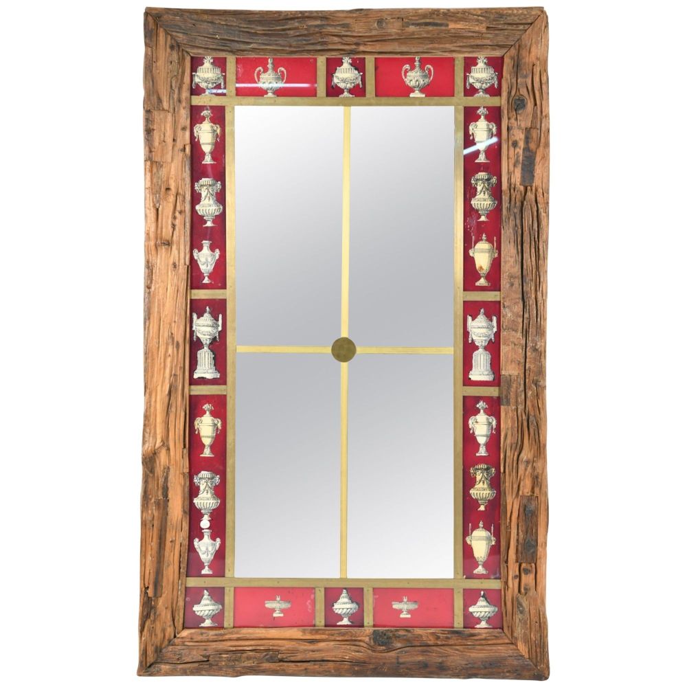 Rustic Italian Wall Mirror with Reverse Painted Classical Vases and Urns
