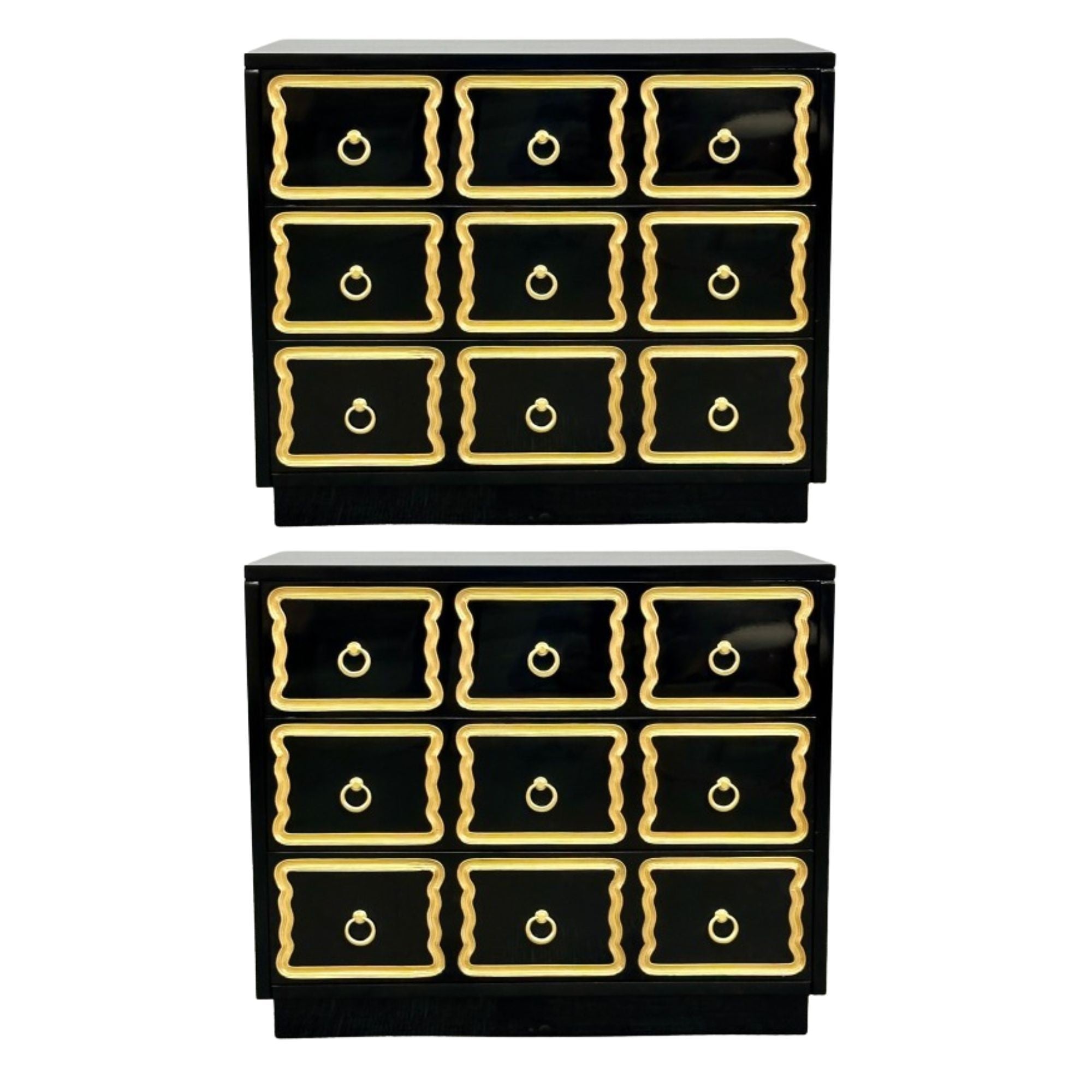 Dorothy Draper Style, Hollywood Regency, Commodes, Black Lacquer, Gilt, Brass