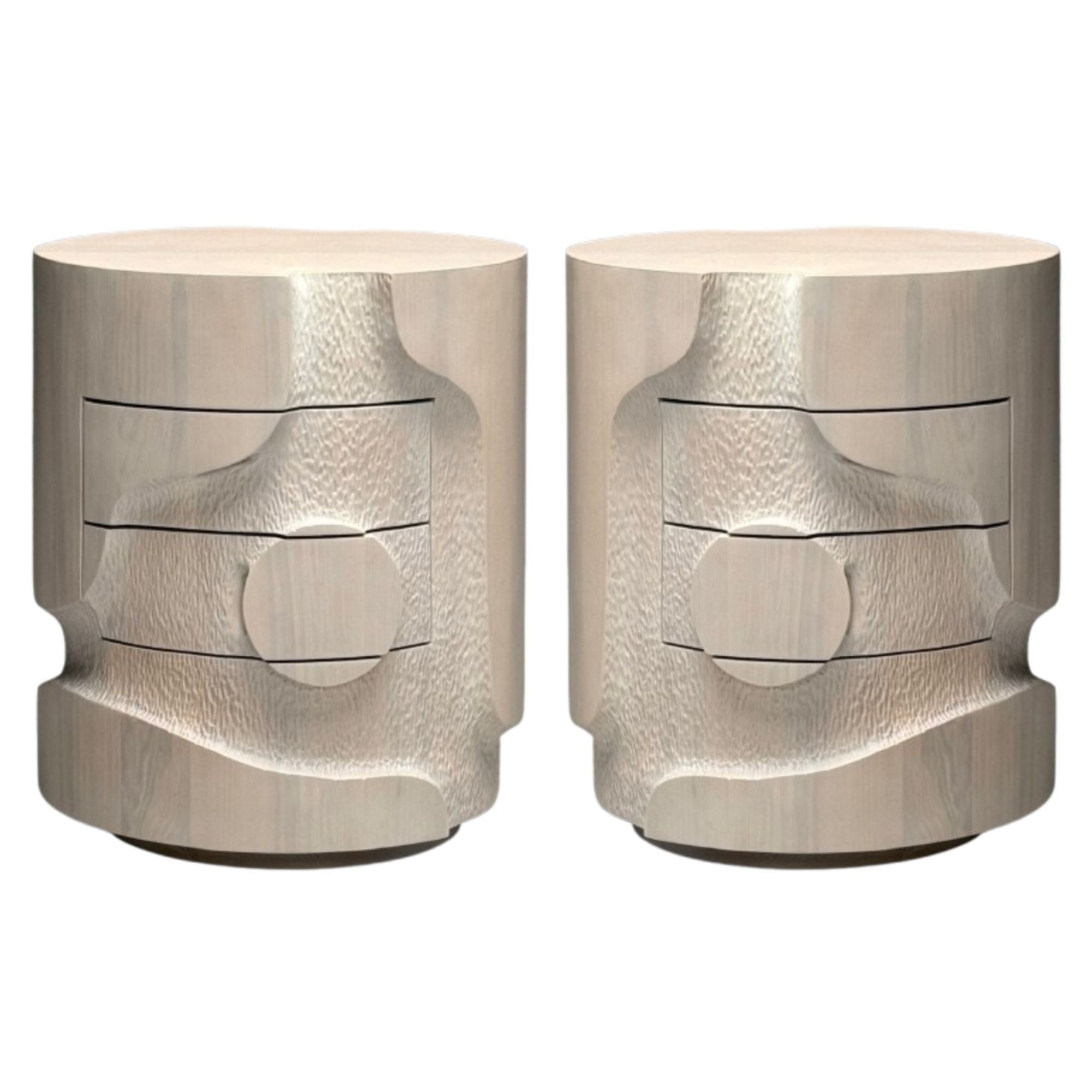 Contemporary, Organic Modern, Round Sculptural Nightstands, Bleached Ashwood