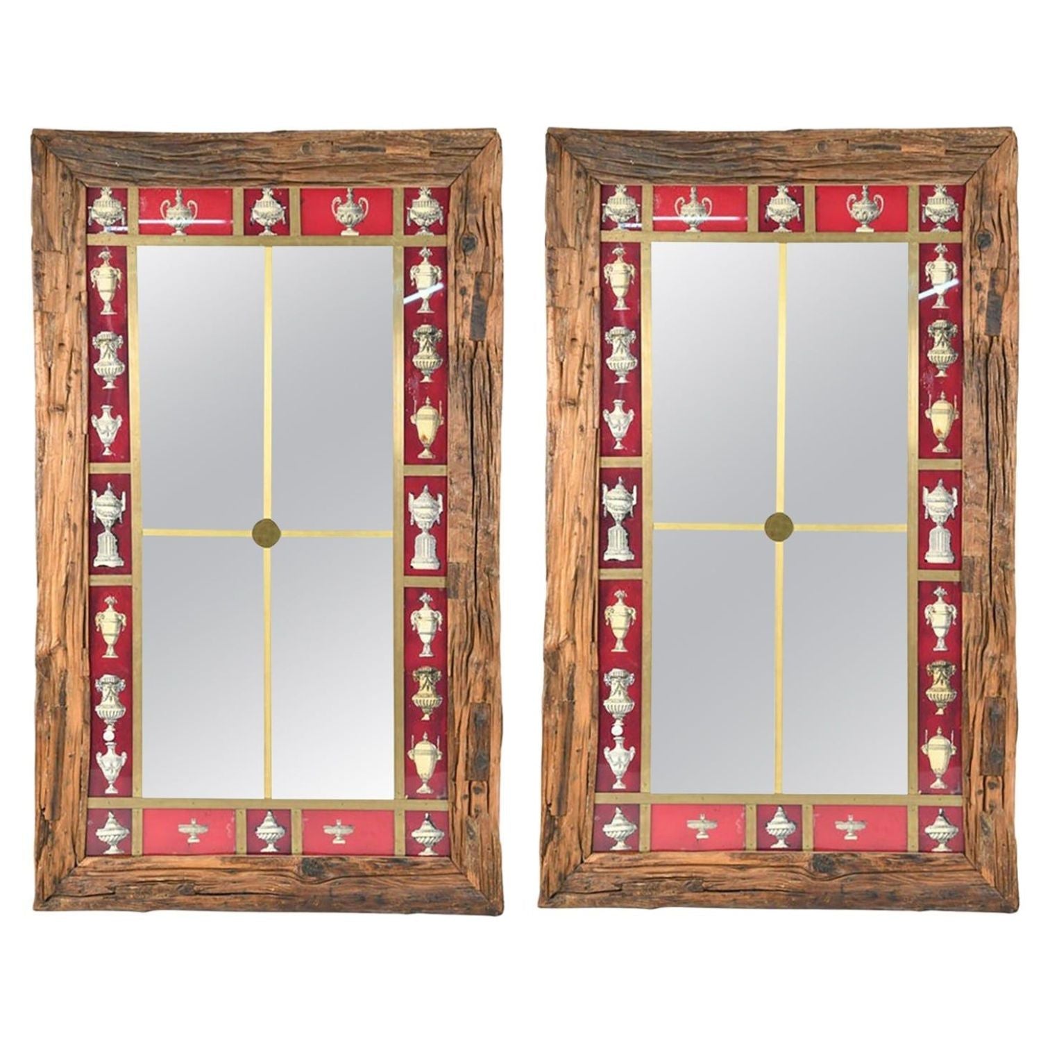 Rustic Italian Wall Mirror with Reverse Painted Classical Vases and Urns