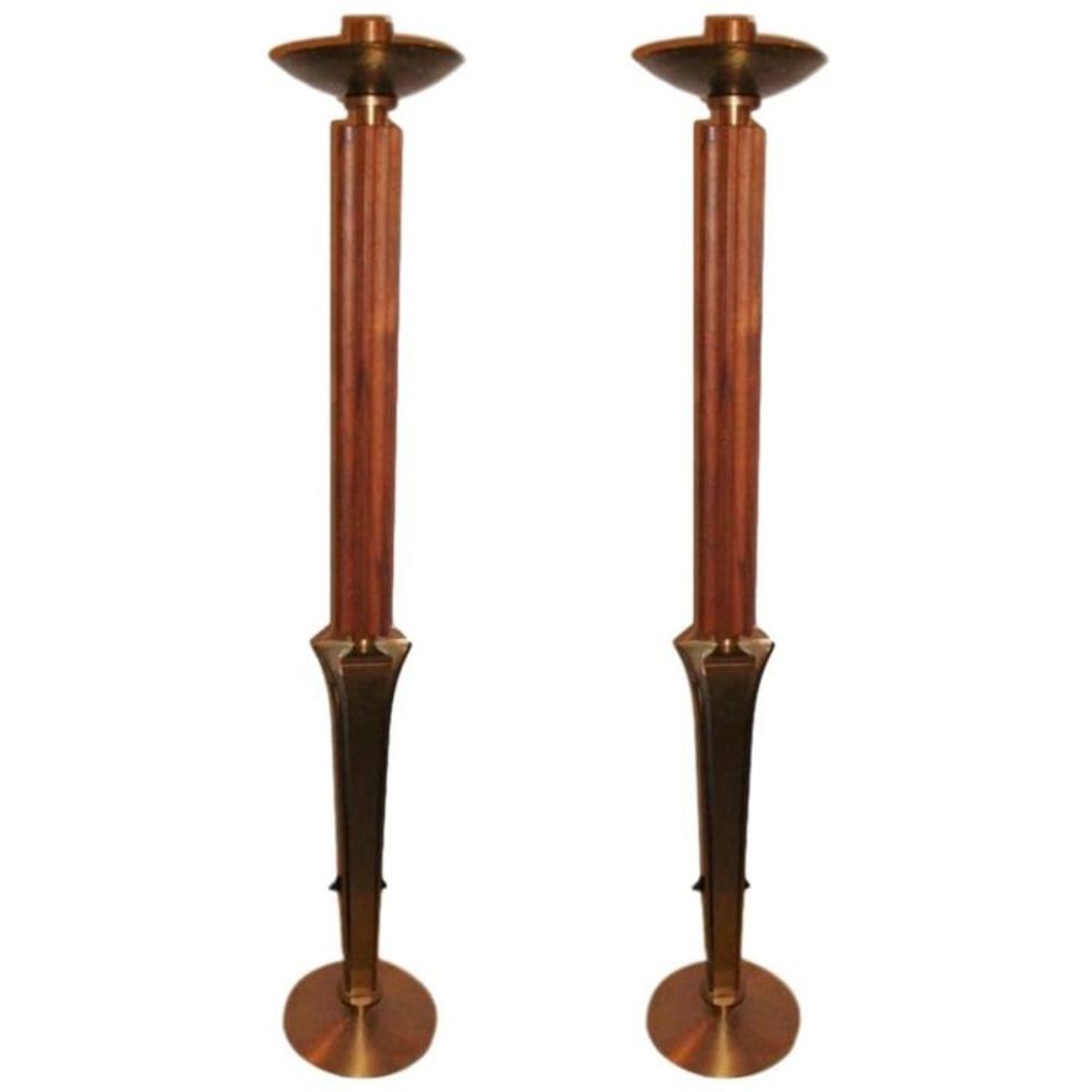 Pair of Mid-Century Modern Teak and Brass Standing "Prickets" Candlesticks