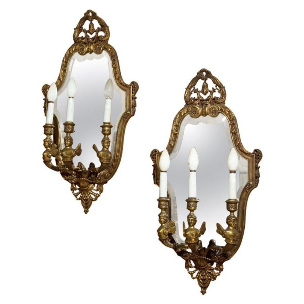 Pair Neoclassical Style Wall Sconces Bronze Three Arm Light with Fairy Figures