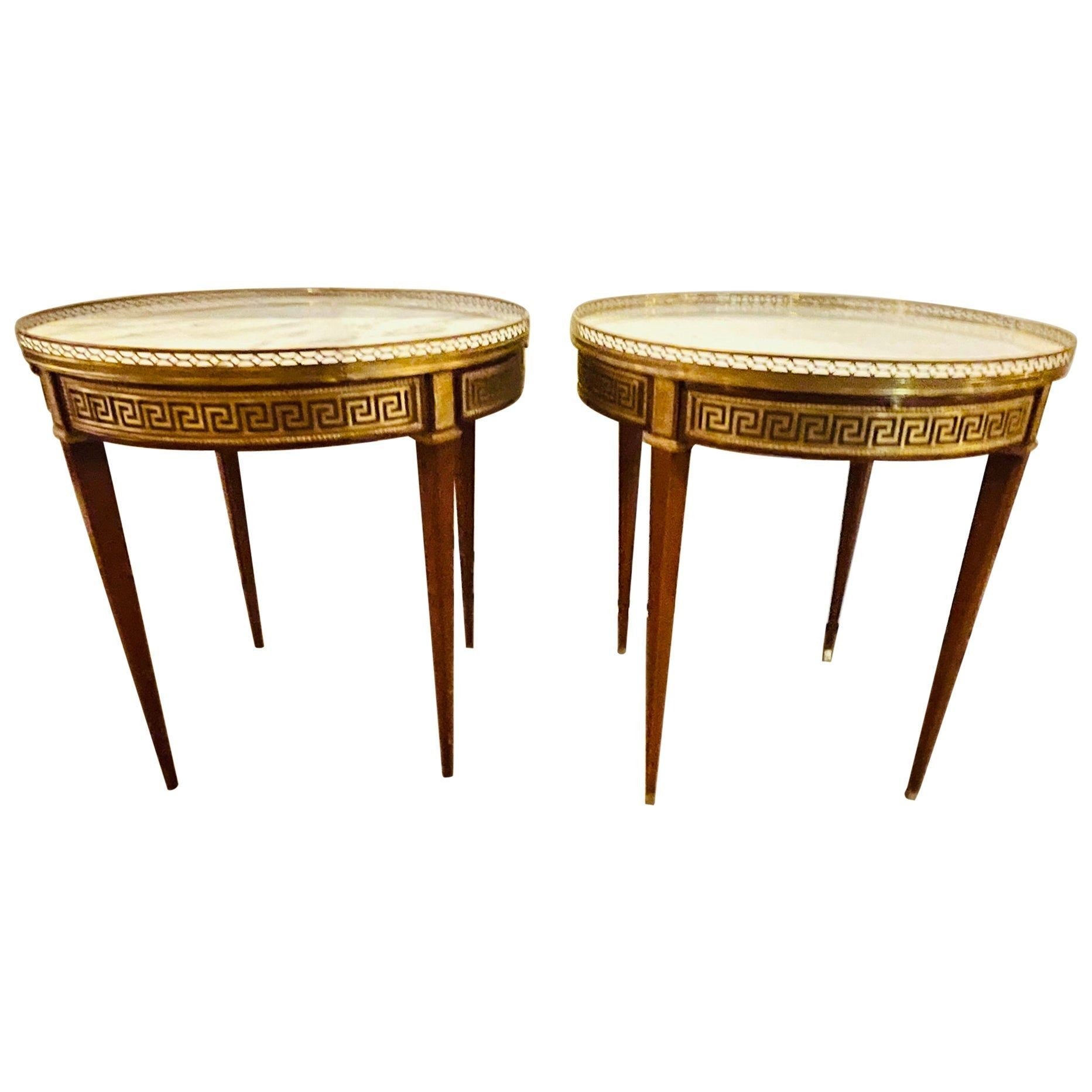 Pair of Marble Top Greek Key Bouillotte or End Tables, Manner of Jansen
