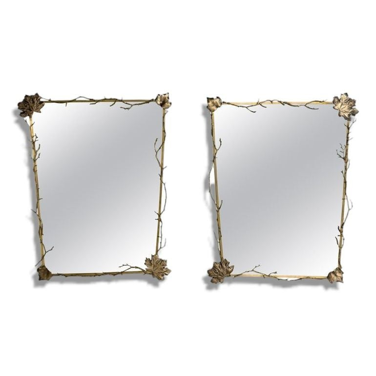 Modern Trapezoidal Bronze Wall Mirrors, Branch and Leaf Motif, France, 21st C.