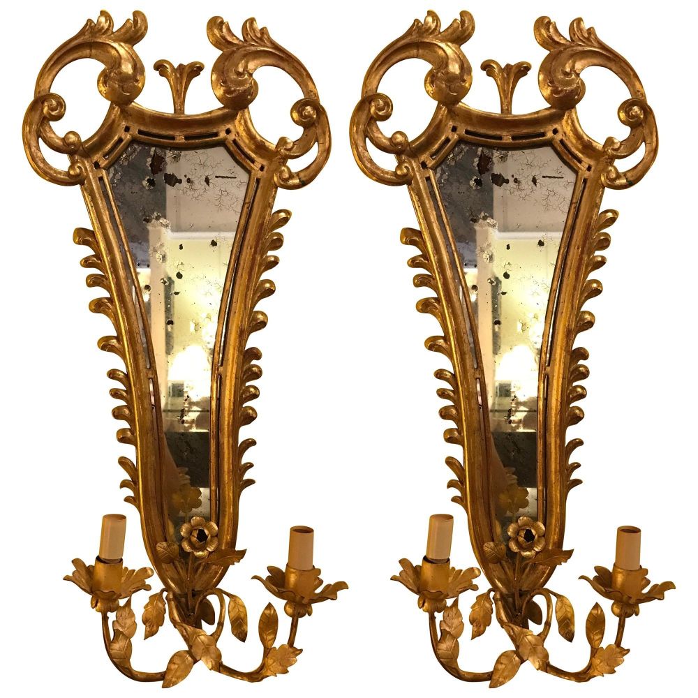 Pair of French, 19th Century Giltwood Mirrored Back Wall Sconces