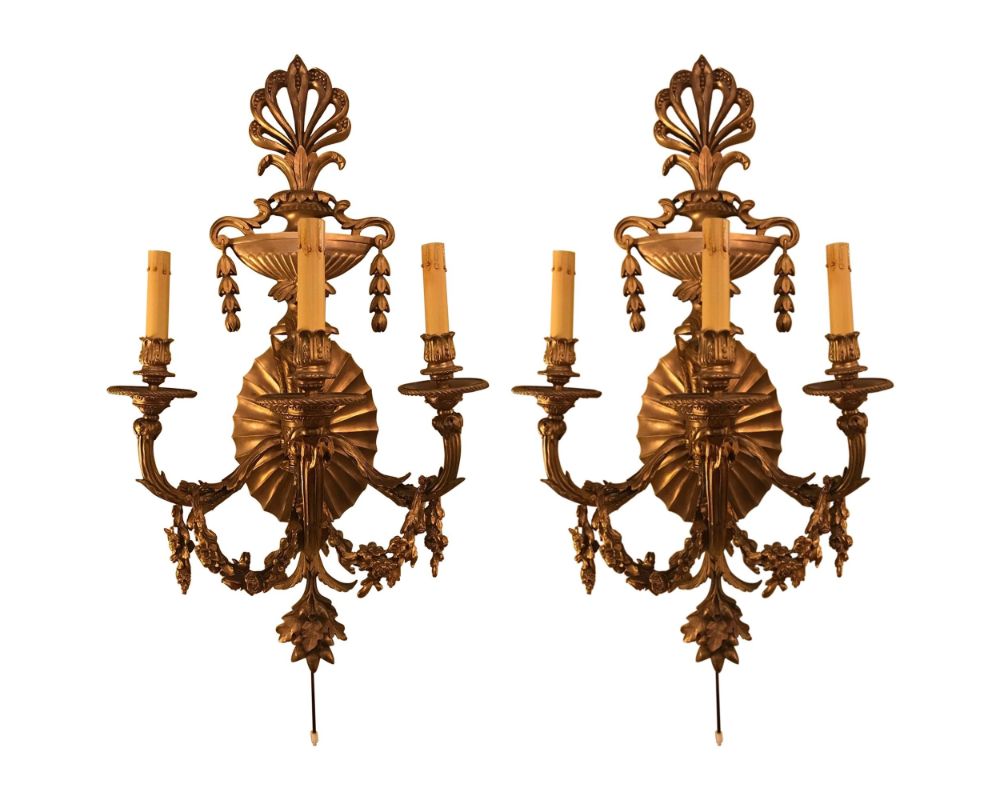 Pair of Bronze Three-Light Sconces in an Urn Form