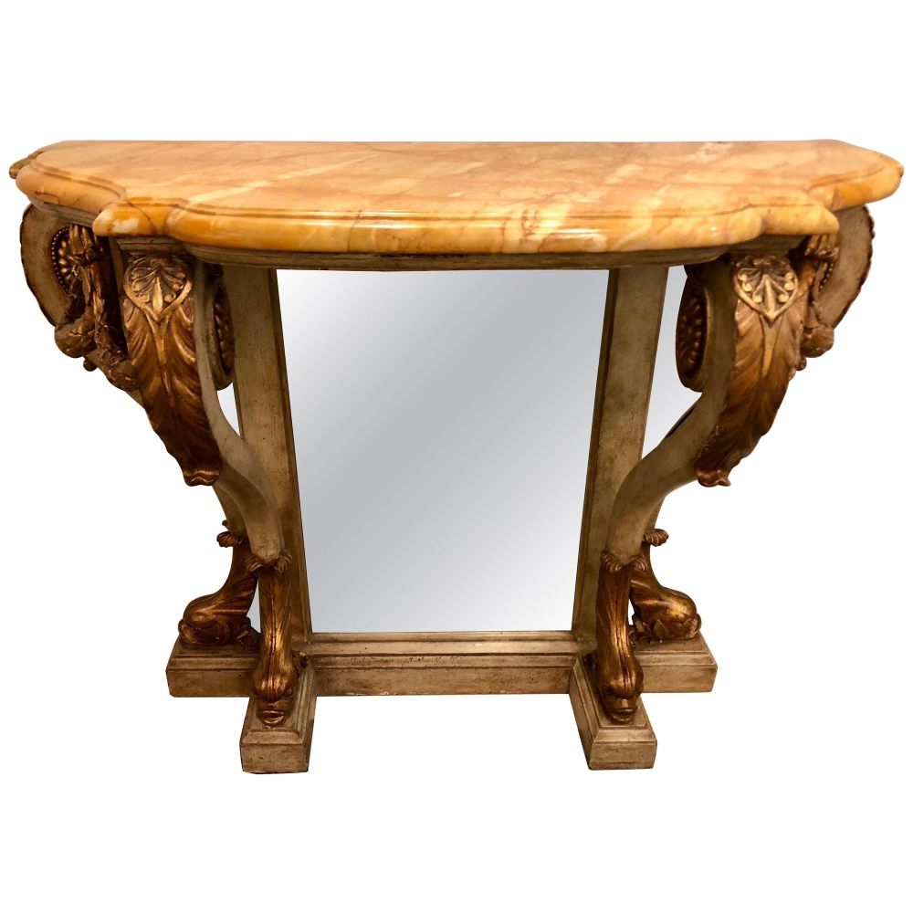 Neoclassical Style Marble-Top Bowed Table Mirrored Back Gilded Dolphin Accents