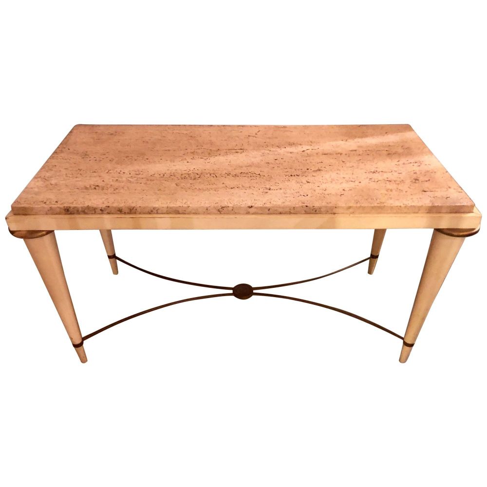 Mid-Century Modern Coffee Table Inset Travertine Marble-Top and Brass Stretcher