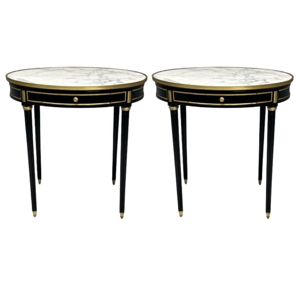 Hollywood Regency, Louis XVI Style, Bouiliotte End Tables, Black Paint, Bronze