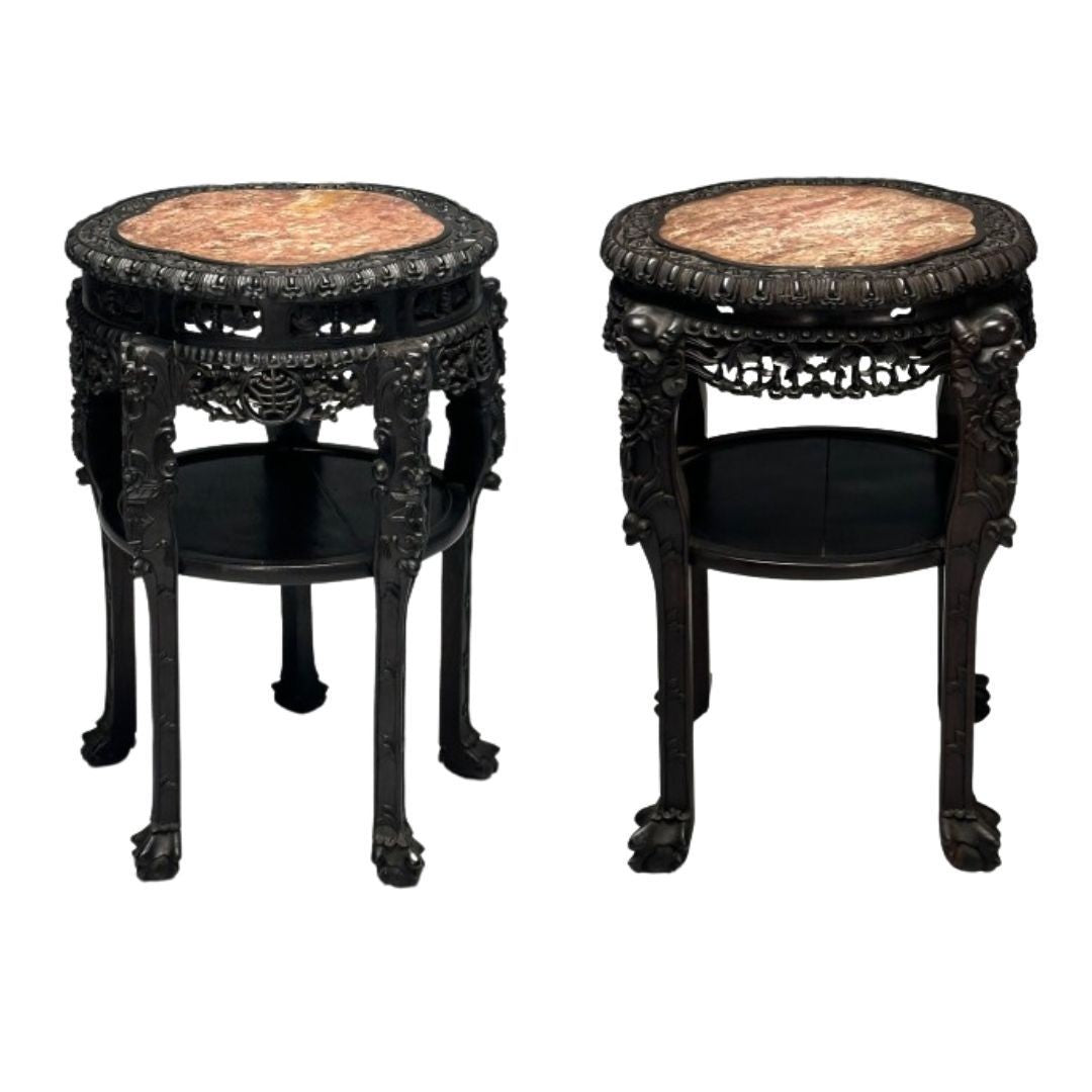 Chinese Heavily Carved, Occasional Tables or Pedestals, Teak, Marble, 1920s