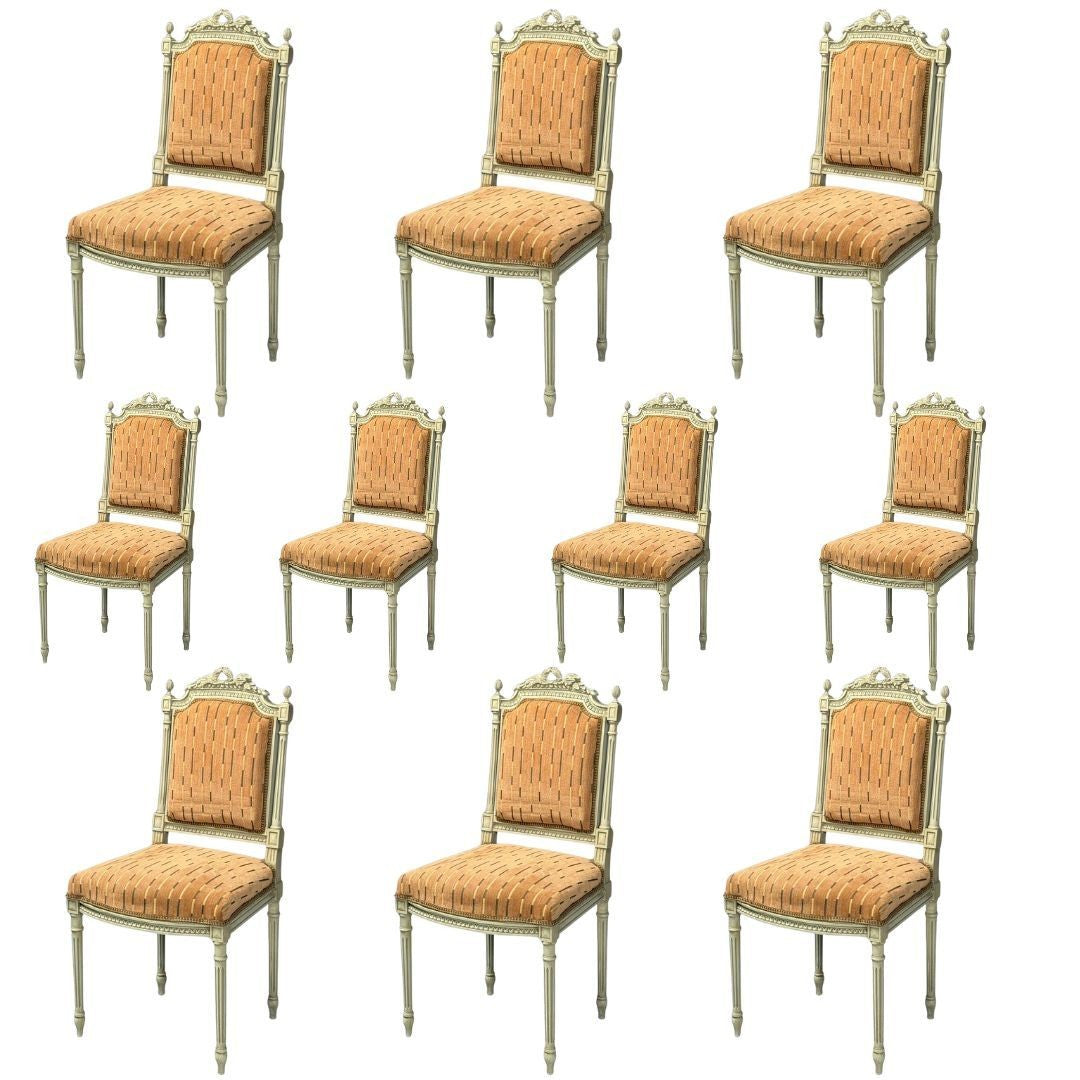 Swedish Louis XVI Style, Ten Dining Chairs, Grey Carved Wood, Fabric, 20th C.