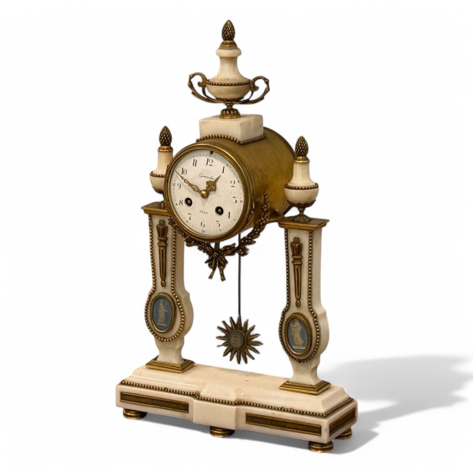 Hubert Sarton Style, Louis XVI, Porcelain, Bronze, Marble, Mantle Clock, 19th C.