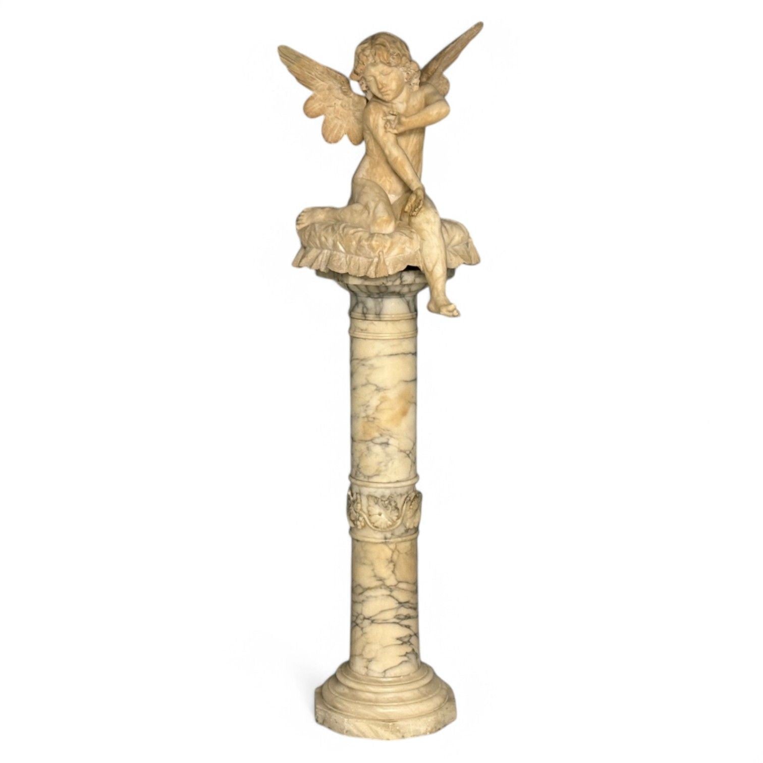 Neoclassical, Winged Angel On Pillow, Alabaster Statue on Pedestal, Italy, 1920s