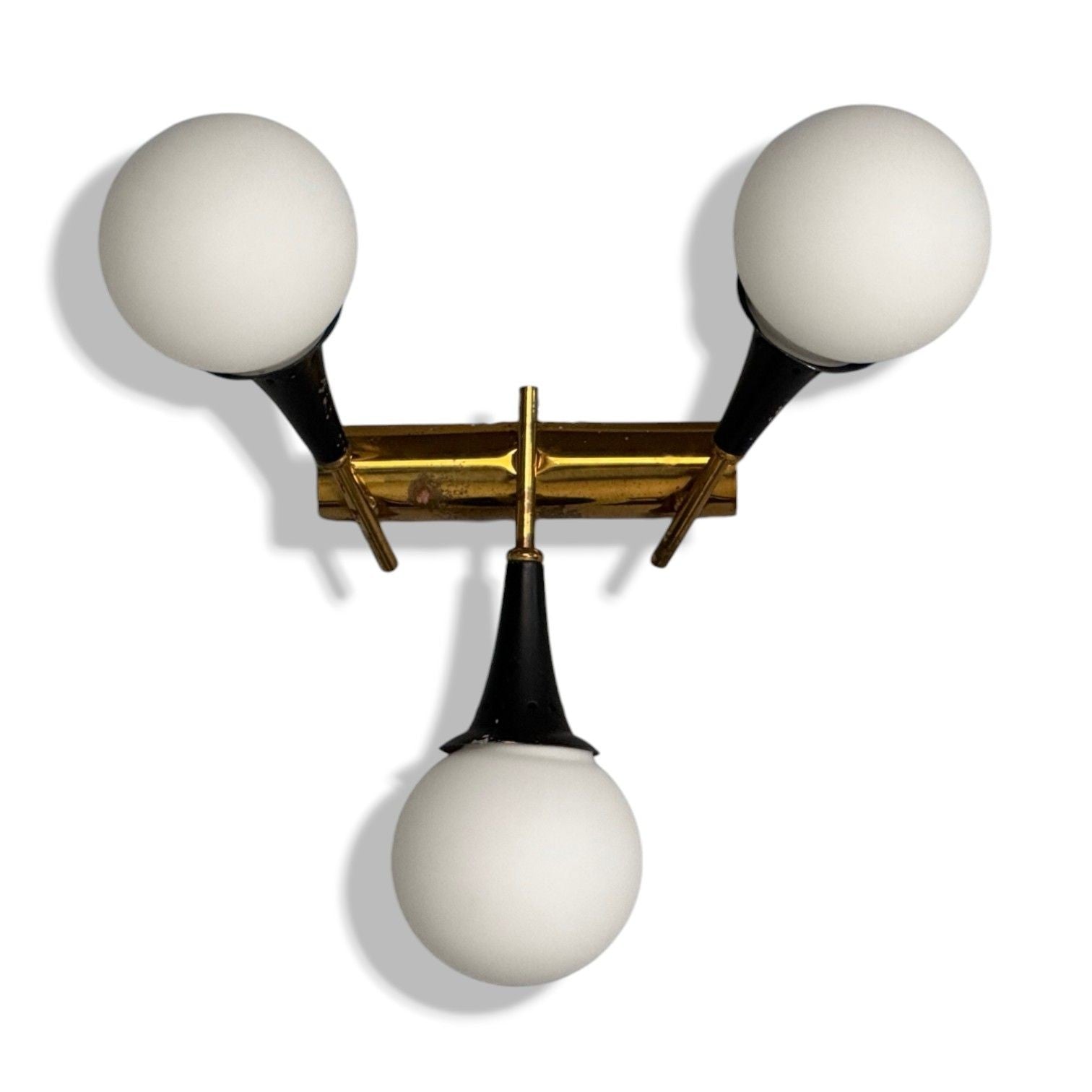 Stilnovo, Italian Mid-Century Modern, Brass, Glass, Three Light Sconce, 1950s