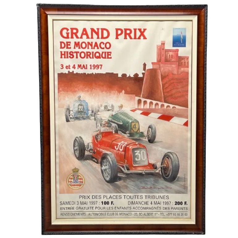 French Mid-Century Modern, Large Framed Racing Poster, Monaco Grand Prix, 1997
