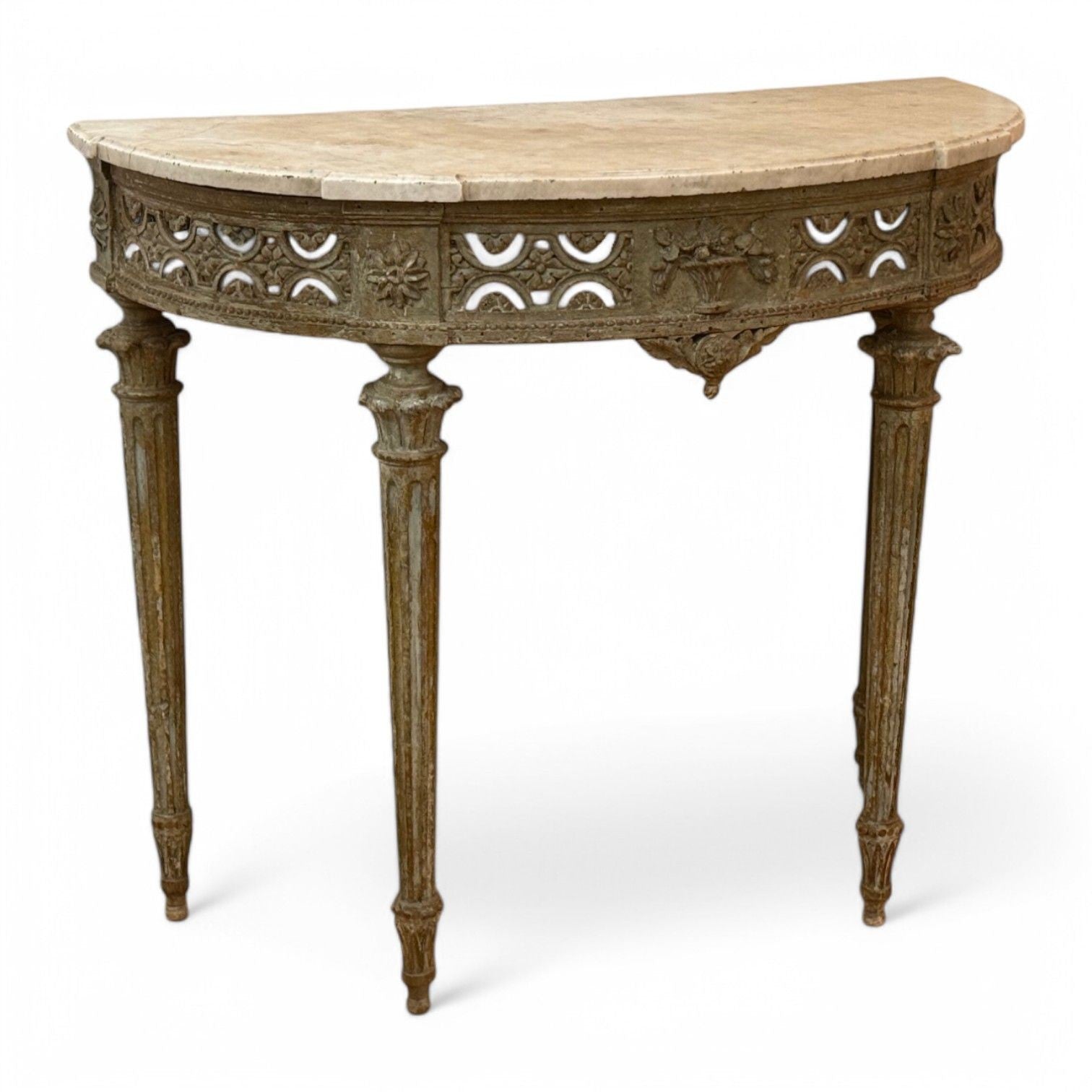 Gustavian, Louis XI, Painted Wood, Marble, Demilune Console Table, France, 1780