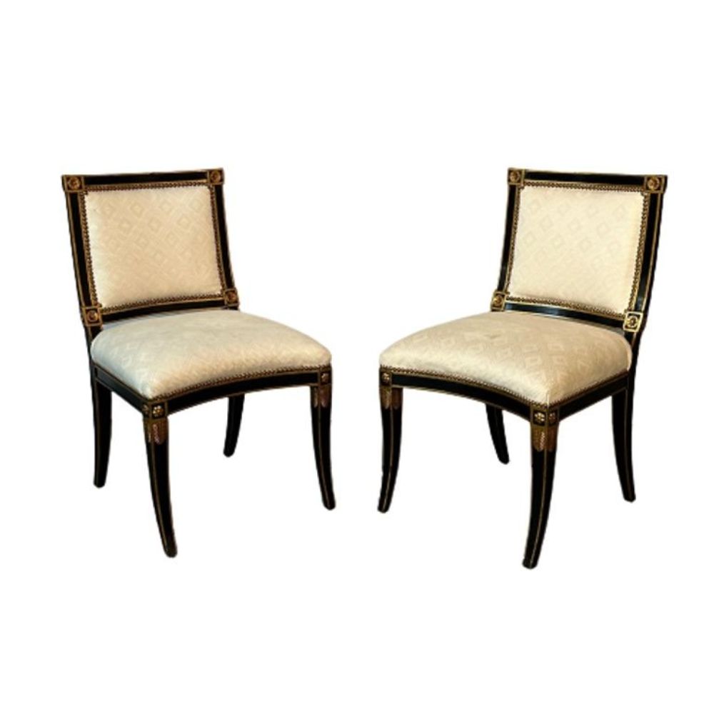 Pair of Louis XVI Maison Jansen Style Dining / Side Chairs, Ebony and Giltwood