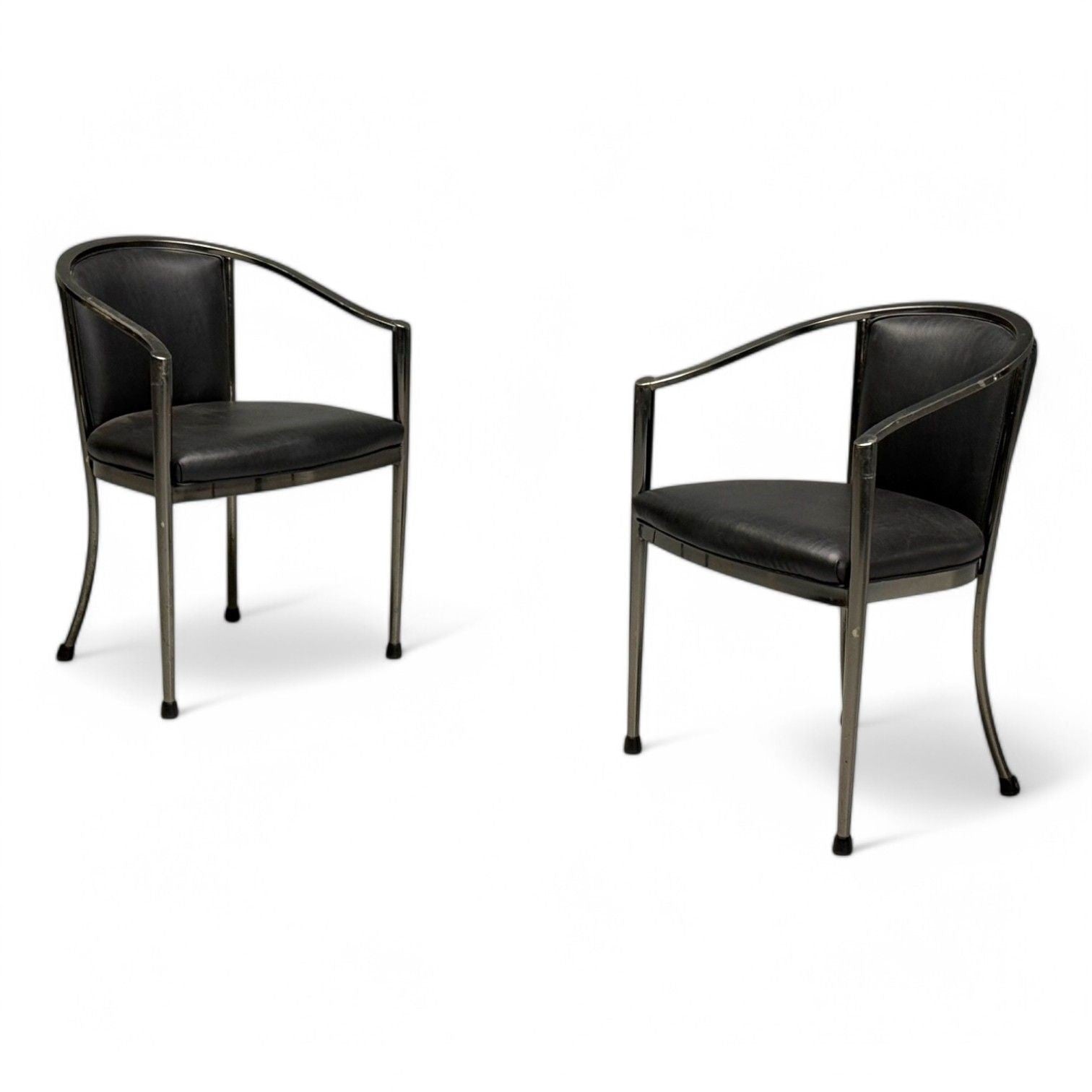 Karl Springer Style, Mid-Century Modern, Gunmetal, Leather, Armchairs, 20th c.