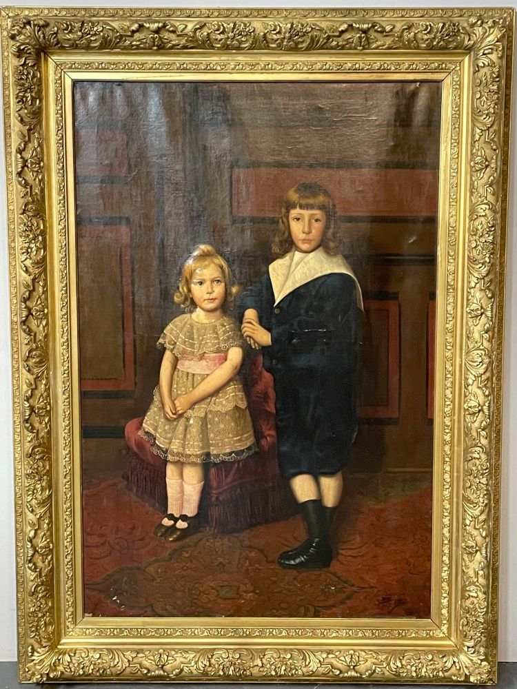 Palatial 19th Centur Oil on Canvas of a Portrait of Siblings Signed J. Peellaert