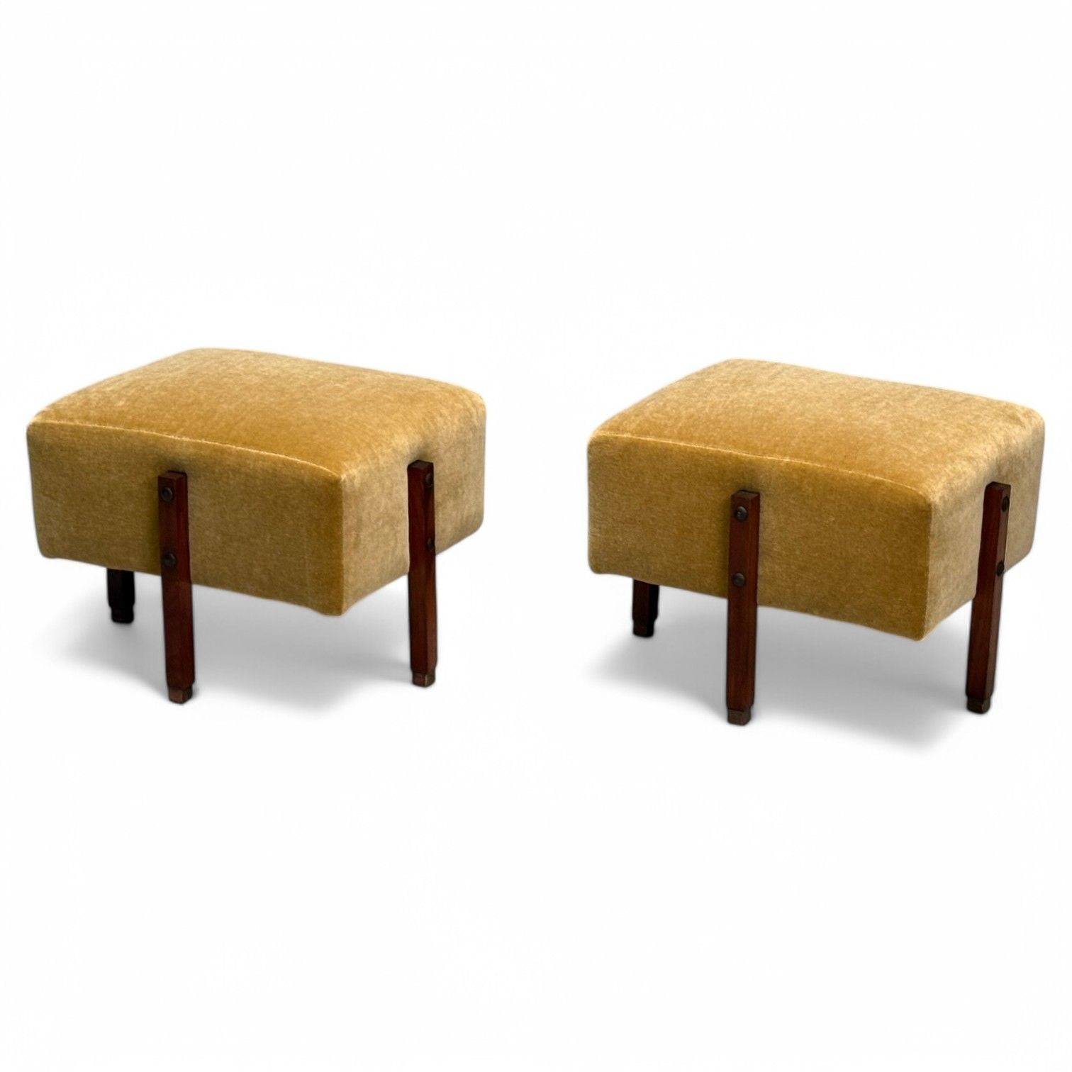 Italian Mid-Century Modern, Stained Wood, Camel Mohair, Ottomans, Italy, 1960s