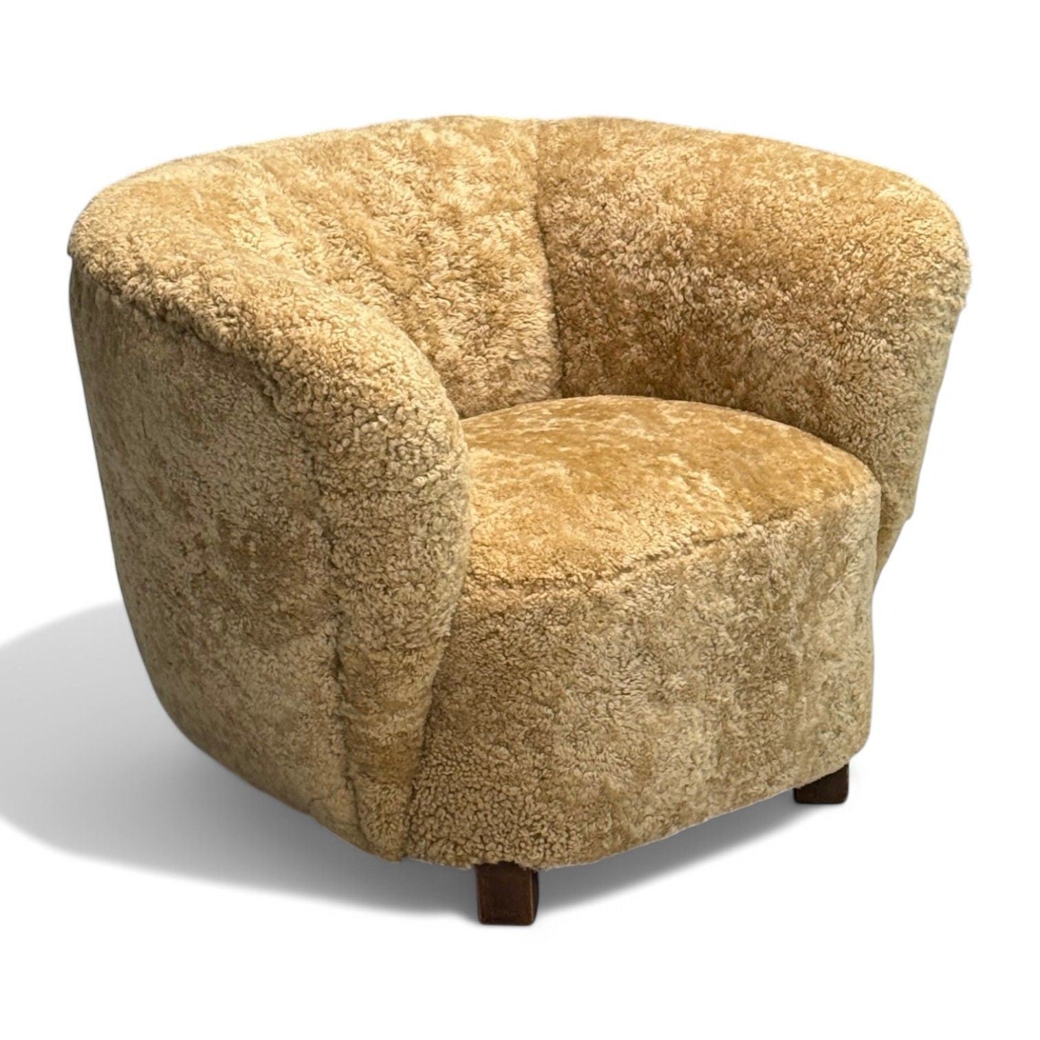 Danish Modern, Beech, Honey Sheepskin, Banana Style Tub Chair, Denmark, 1930s