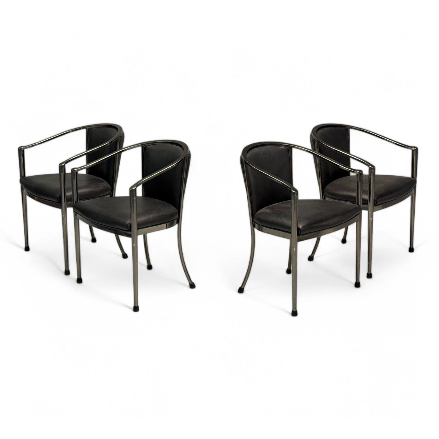 Karl Springer Style, Mid-Century Modern, Gunmetal, Leather, Armchairs, 20th c.