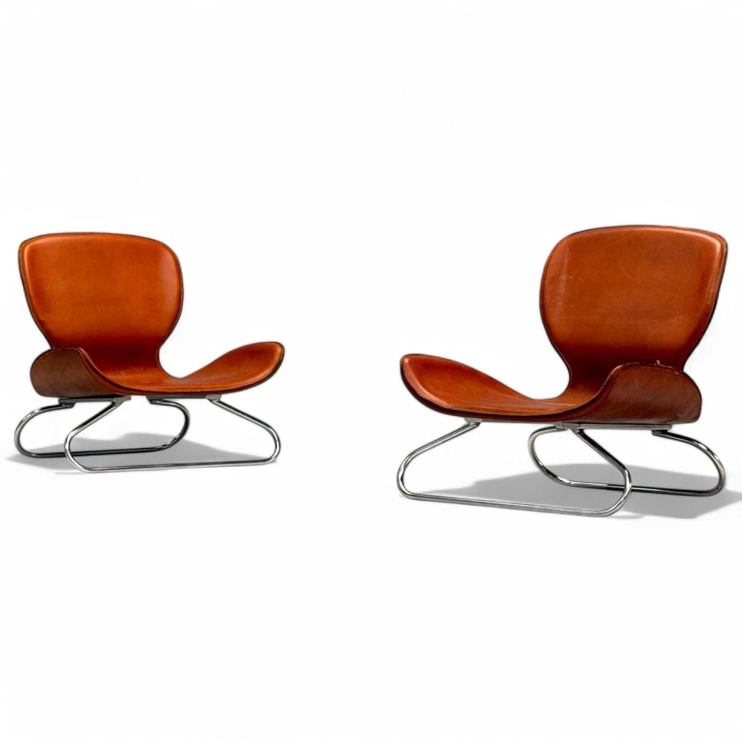 KOI, Modern, Cognac Leather, Nickel, K-3 Low Lounge Chairs, England, 2000s