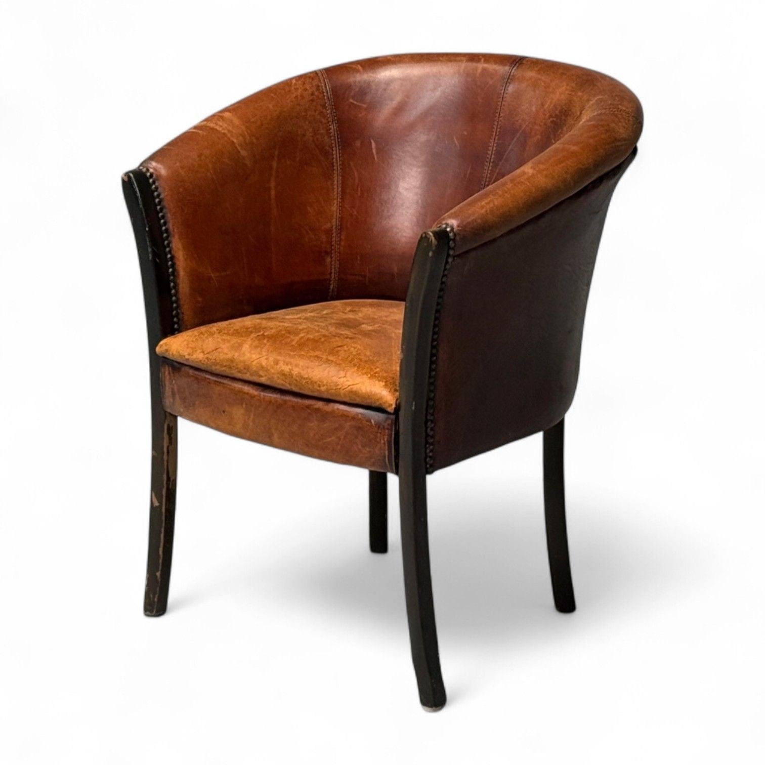 Georgian Style, Distressed Brown Leather, Stained Wood, Tub Chair, USA, 1960s