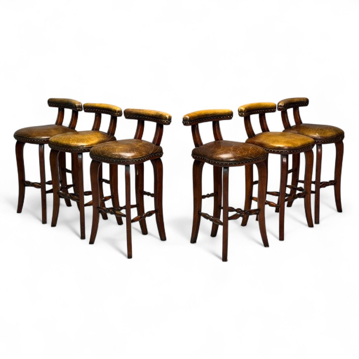 Georgian Style, Distressed Brown Leather, Stained Wood, Six Bar Stools, 20th C.